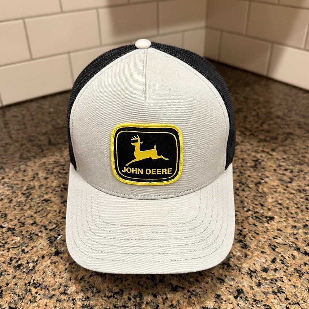 John Deere Trucker Snapback Hat Men's Adjustable One Size Gray Black Logo Patch